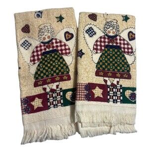 Vintage Cecil Saydah Dish Towel Set Primitive Country Angel Patchwork Hearts New